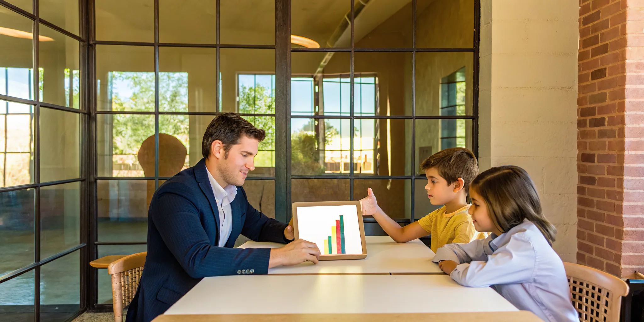 A top SAT tutor in Sandy Springs reviews a progress chart on a tablet with two students.