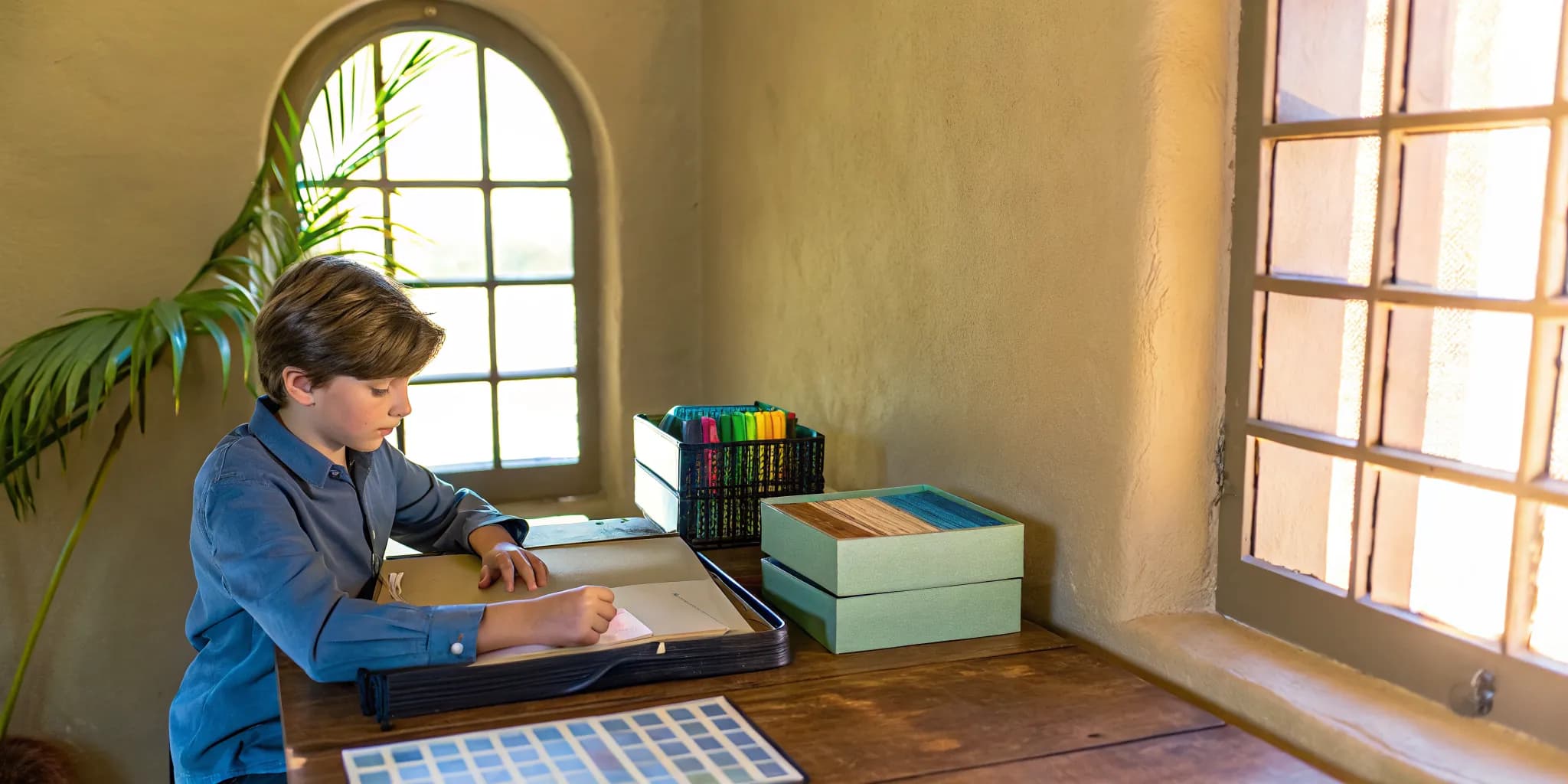Middle school student organizing school materials at a desk with a planner and sticky notes