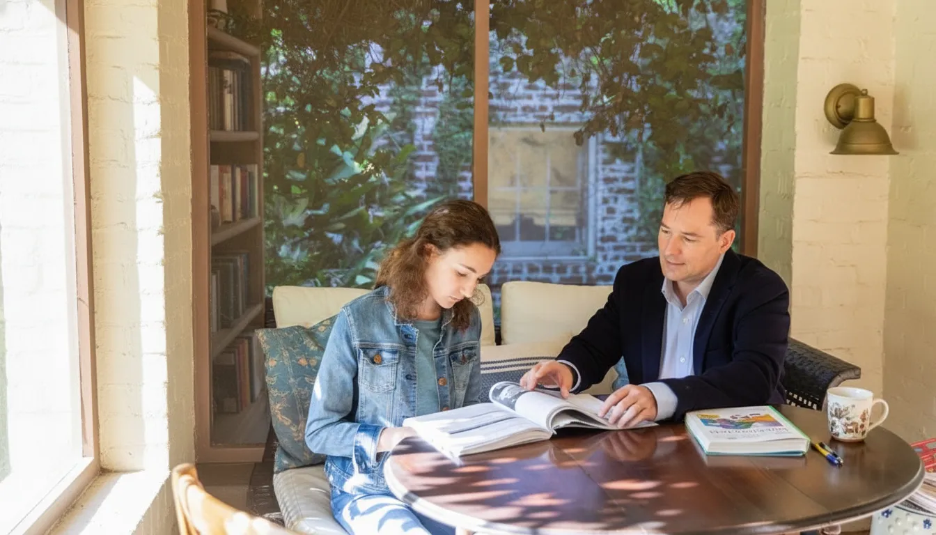 Tutor mentoring a teenage student during foreign language tutoring