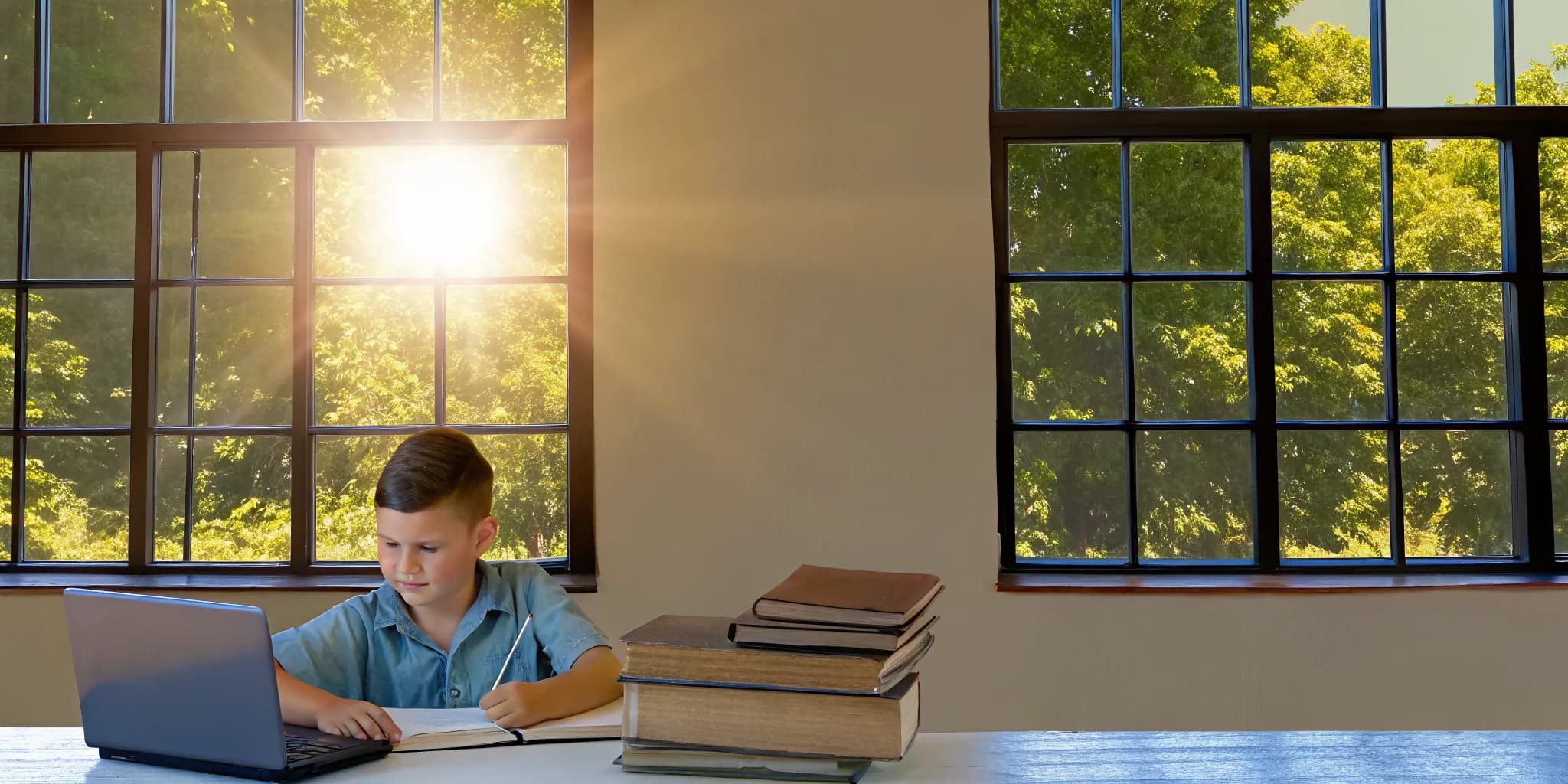 Student studying at a sunlit desk with educational materials during summer break, representing academic continuity and summer learning