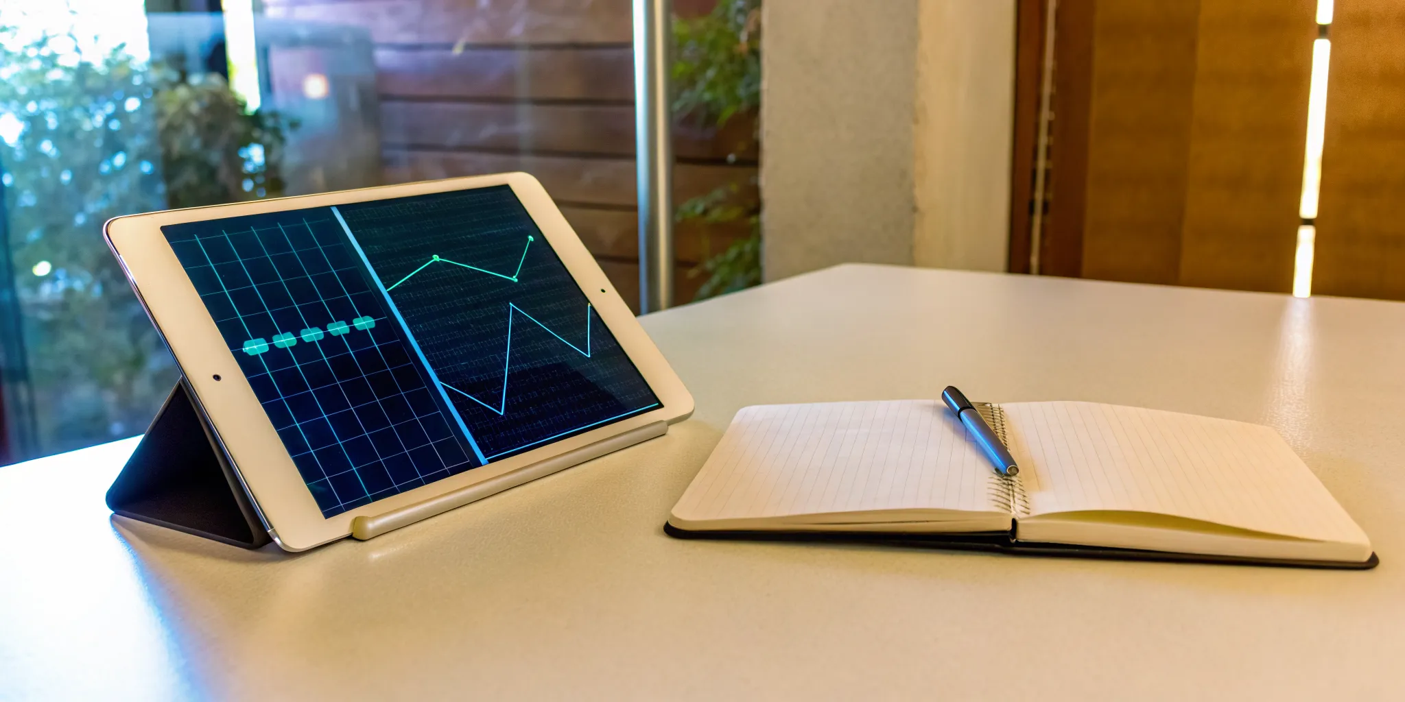 A tablet with math graphs and a notebook for developing ACT math strategies.